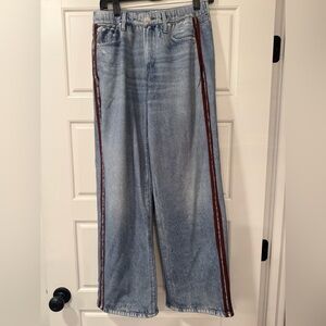 rag & bone Miramar denim “track” pant.  Washed blue denim with burgundy stripes.